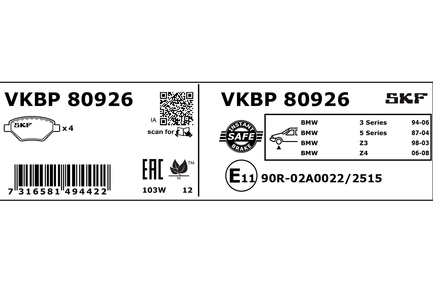 SKF VKBP 80926 Bremsbelagsatz, Scheibenbremse